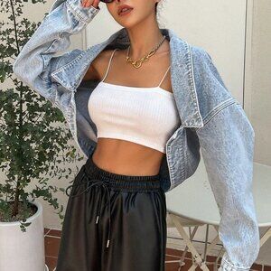 Blue Casual Womens Drop Shoulder Asymmetrical Hem Denim Jacket